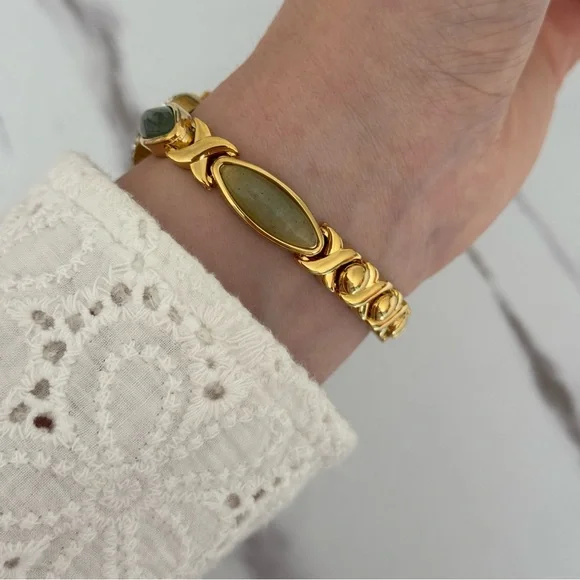 Retro Y2K Gold and Green Natural stones Vintage Watch bracelet Stainless steel - Picture 4 of 7